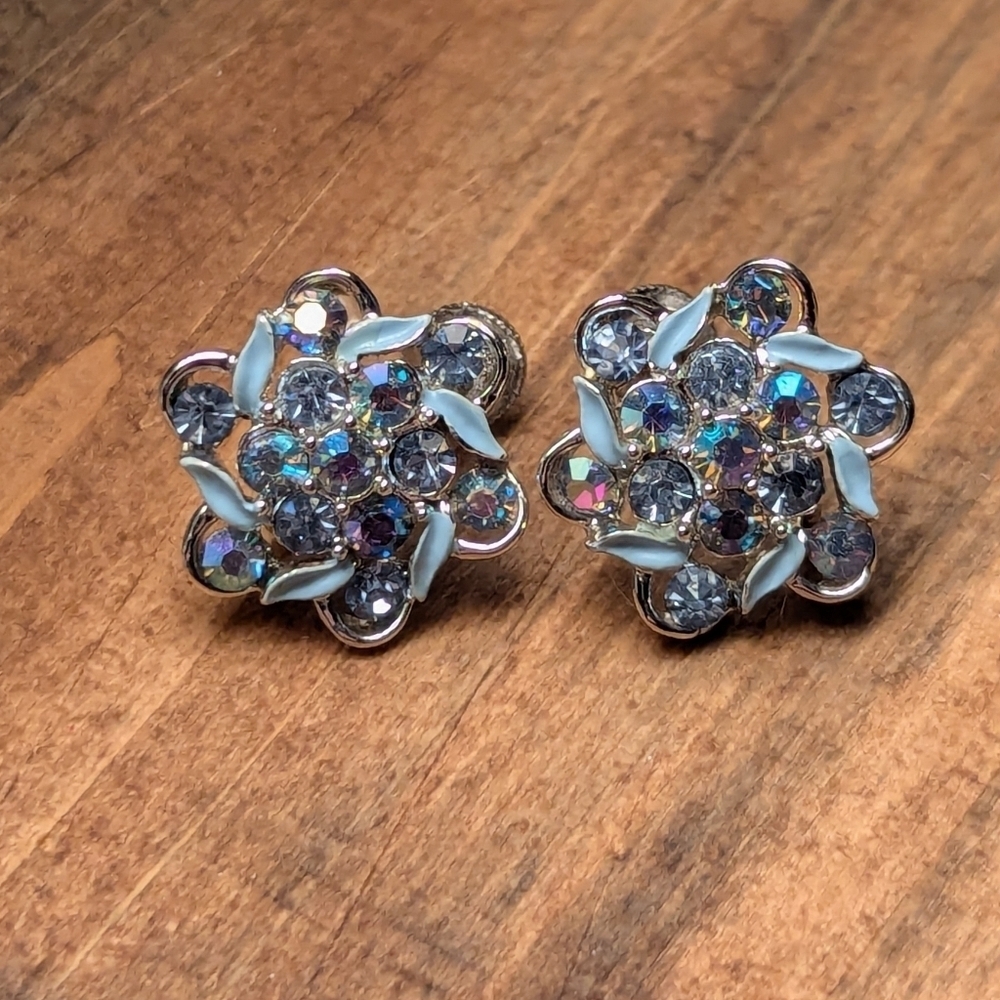 🫧 Longcraft Earrings Blue enamel Vintage Aurora Borealis floral silvertone